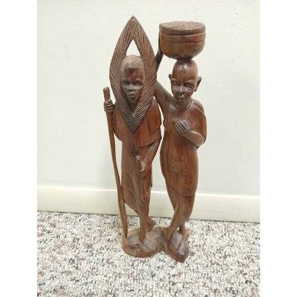 Vintage AfricanCouple Hand Carved 12” WoodSculpture VTG Rare‎ Folk Art